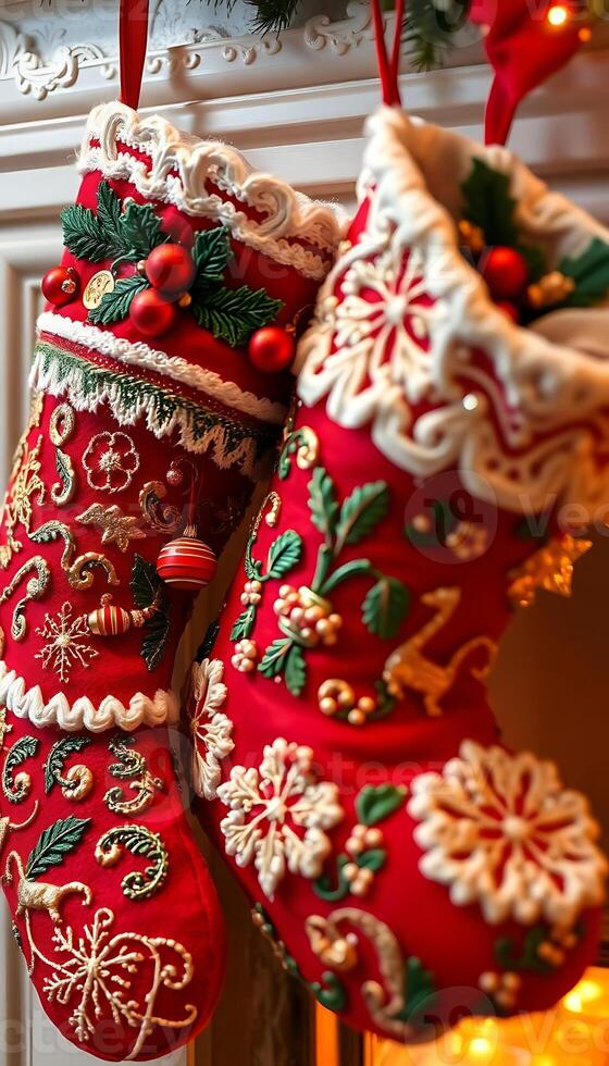 two christmas stockings hanging from a mantel photo