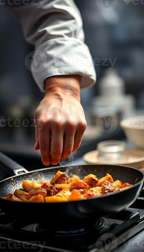 person cooking food in a skillet on a stove photo