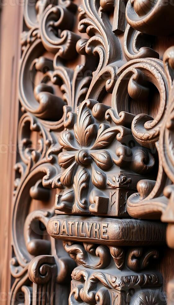 close up of a wooden door with carvings photo