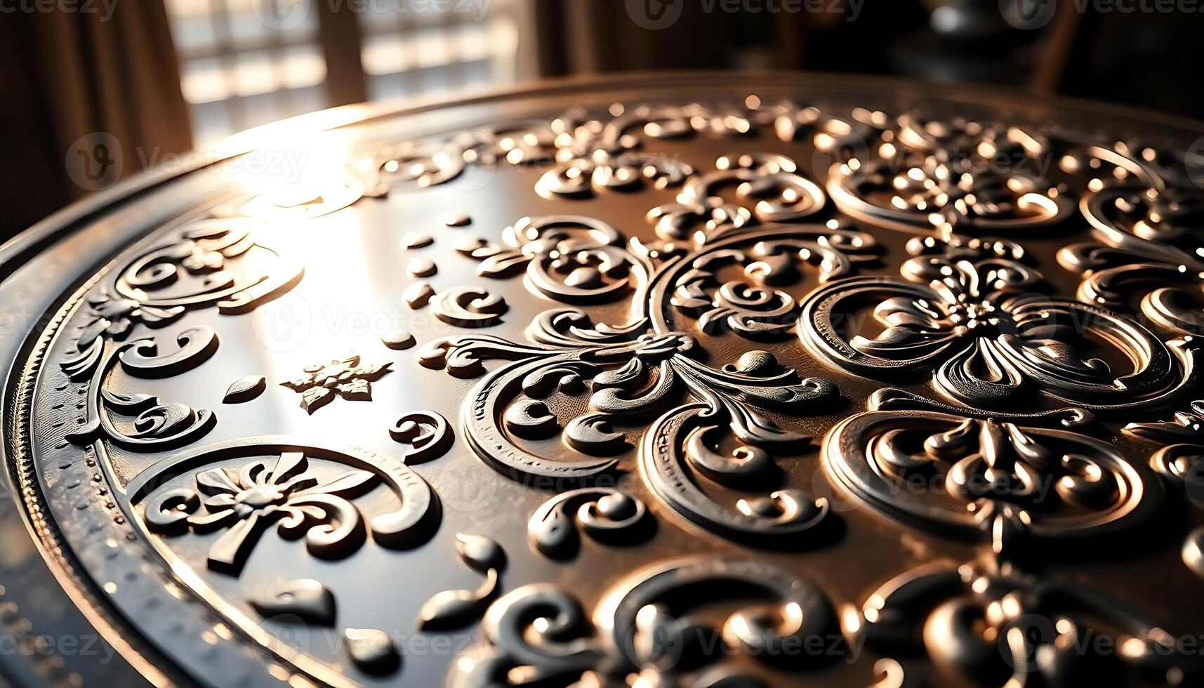 close up of a metal table with a sun shining through the window photo
