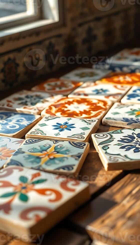 wooden table topped with lots of colorful tiles photo