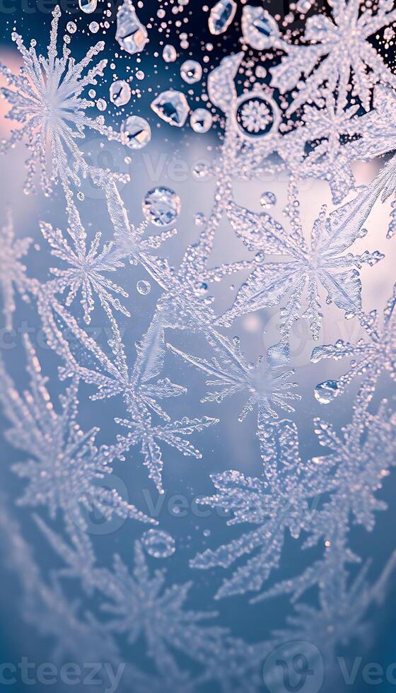 close up of a frosted window with snow flakes photo