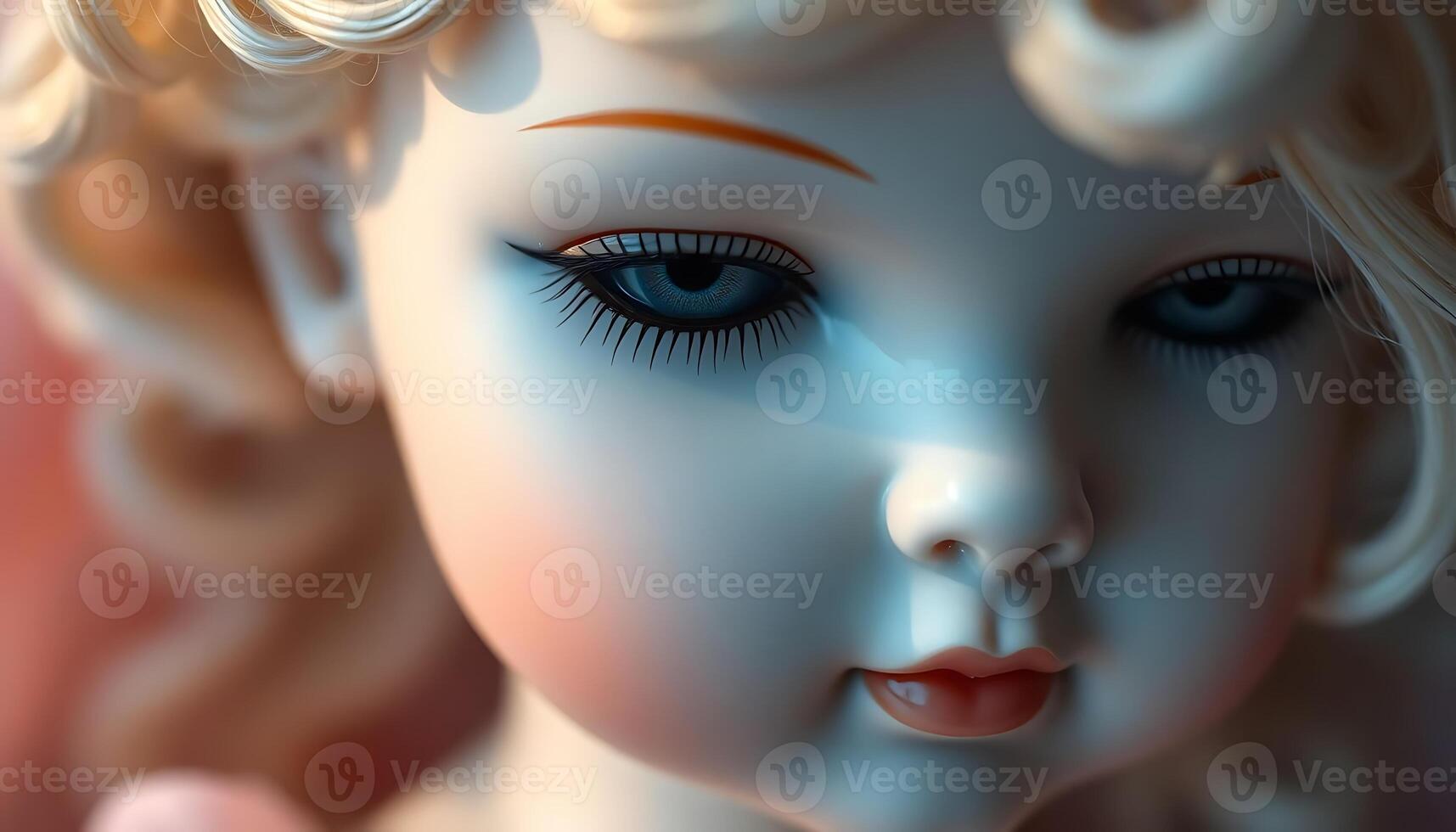 close up of a white doll with blue eyes photo