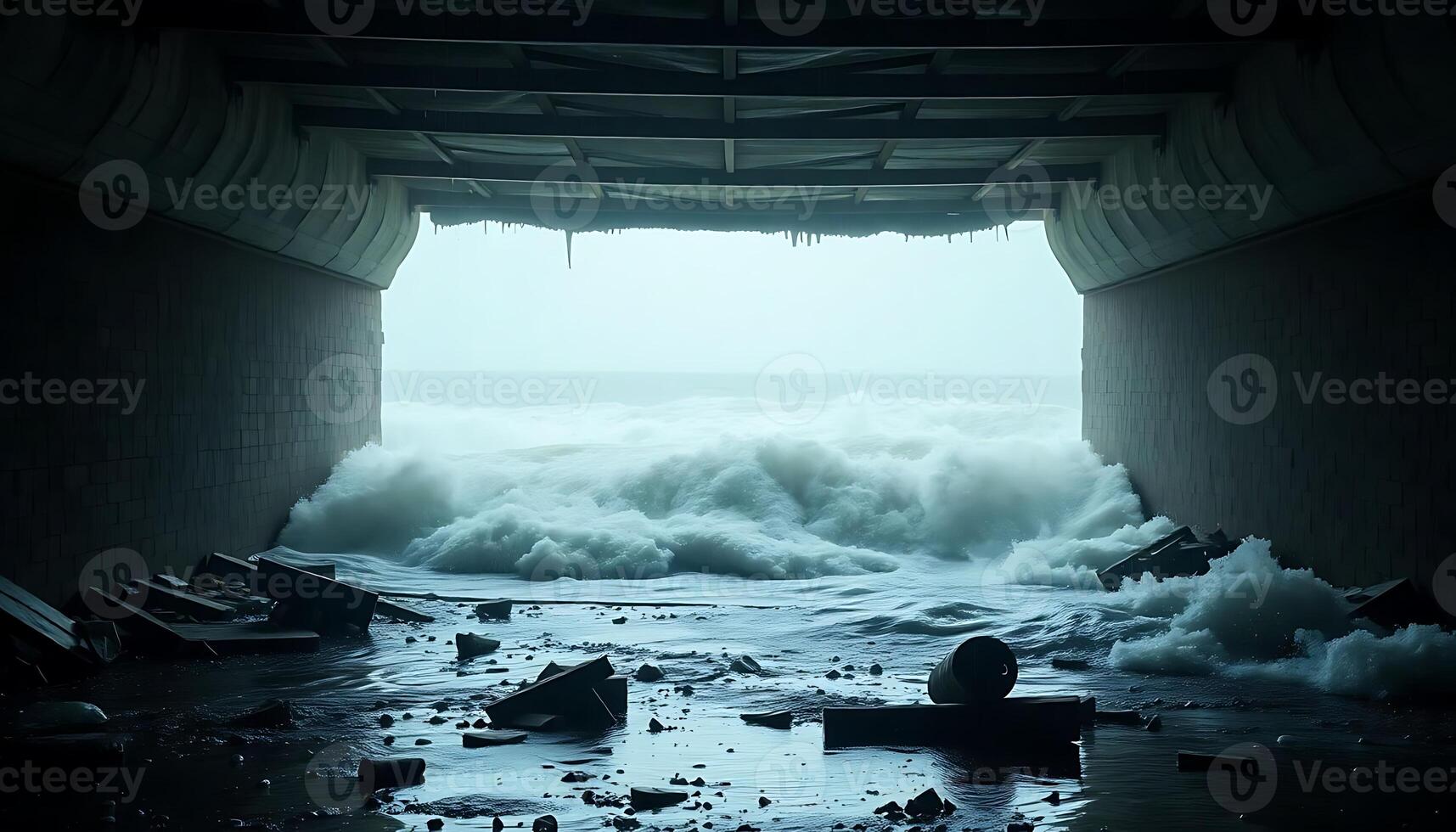 view of the ocean from inside a tunnel photo