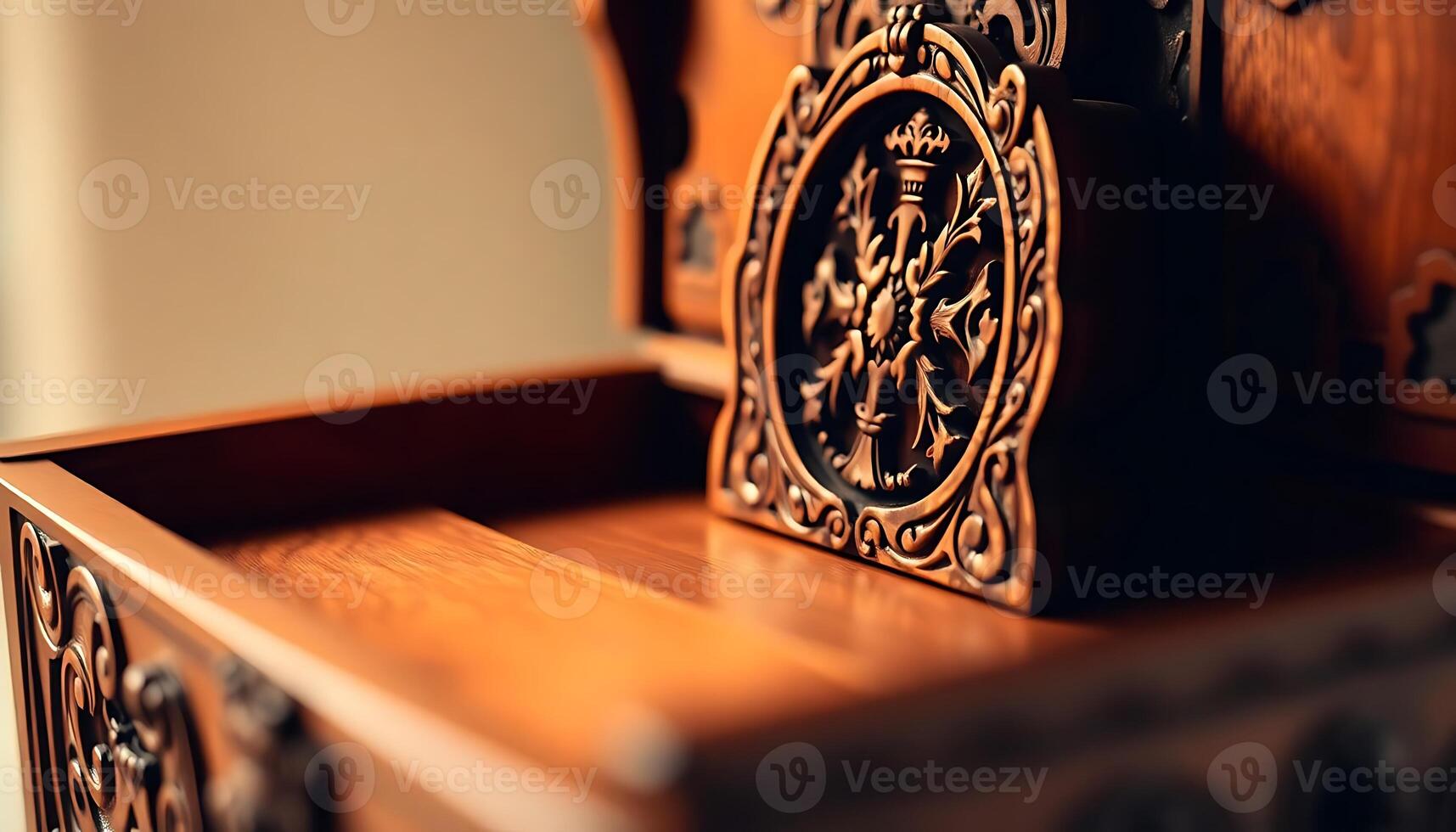 close up of a wooden clock on a shelf photo