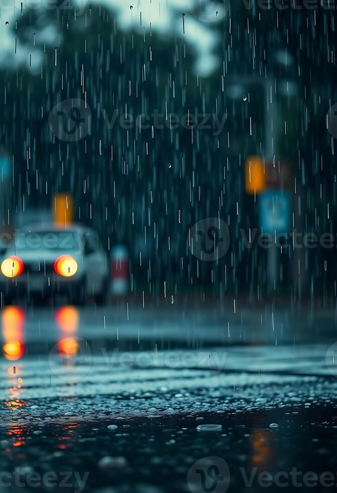 car driving down a street in the rain photo