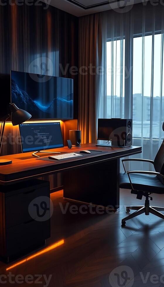 room with a desk, chair, computer and a large window photo
