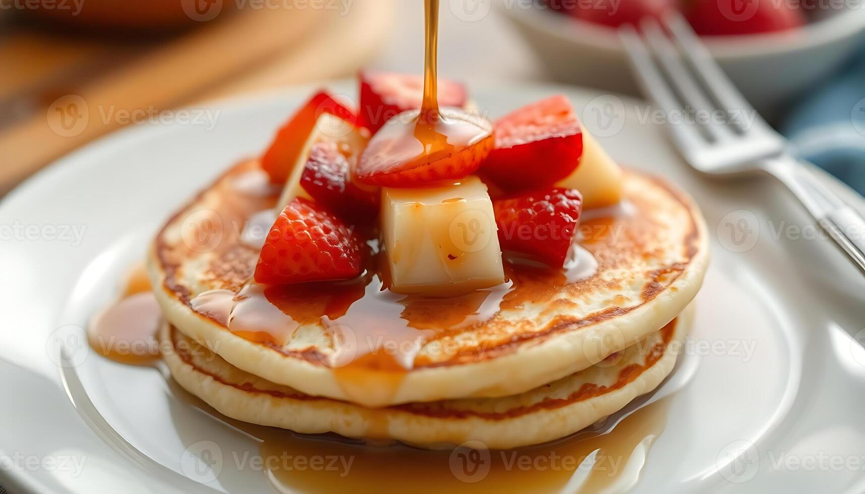 stack of pancakes covered in syrup and sliced strawberries photo