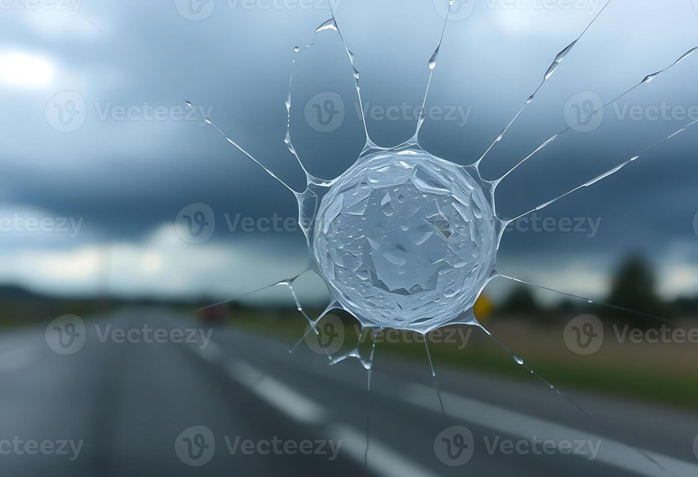 broken windshield on the side of a road photo