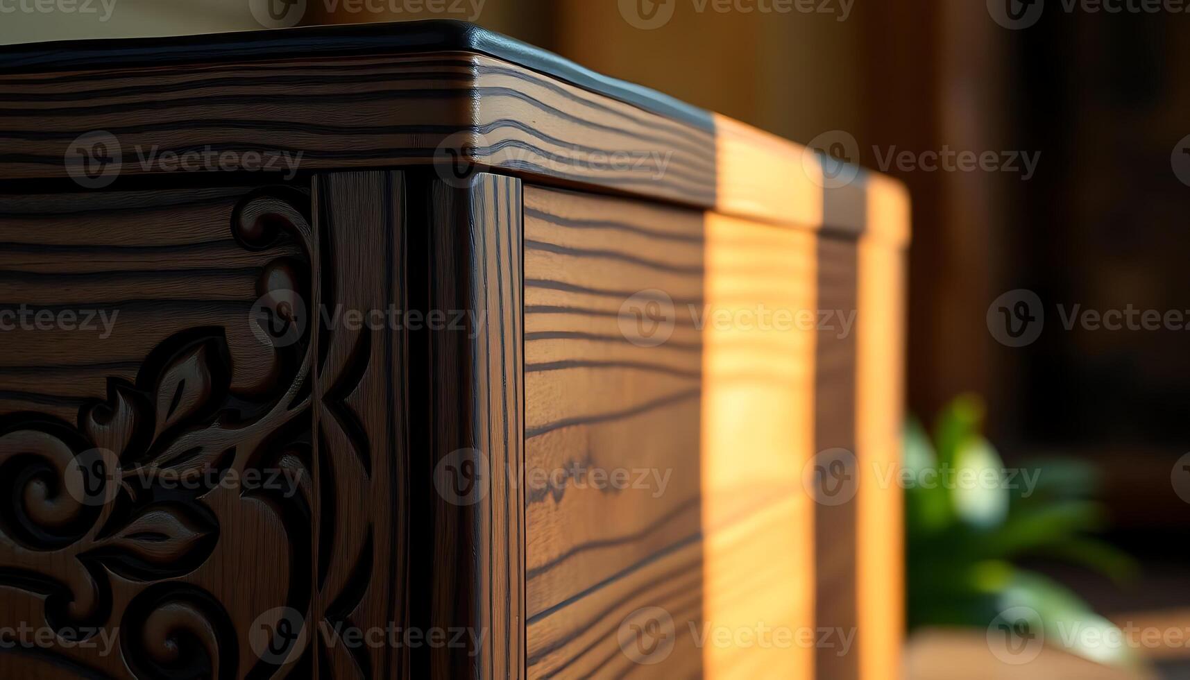 close up of a wooden bench with a plant in the background photo