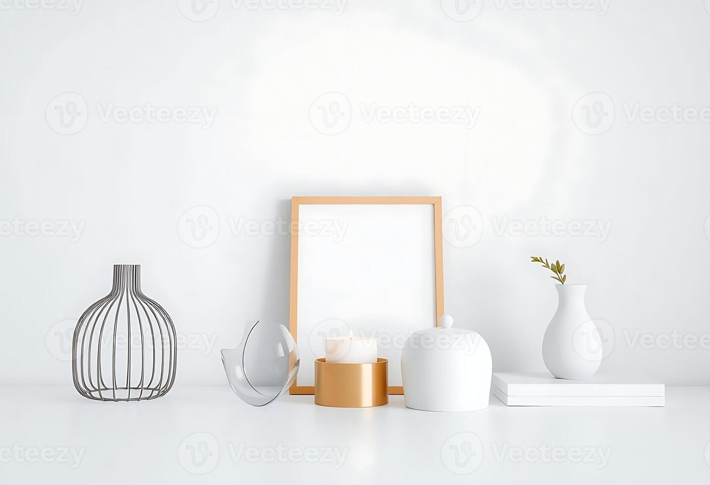 white table topped with vases and a picture frame photo