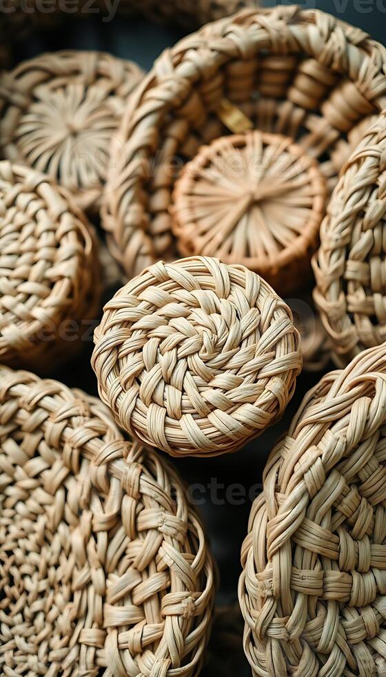 pile of woven baskets sitting on top of a table photo