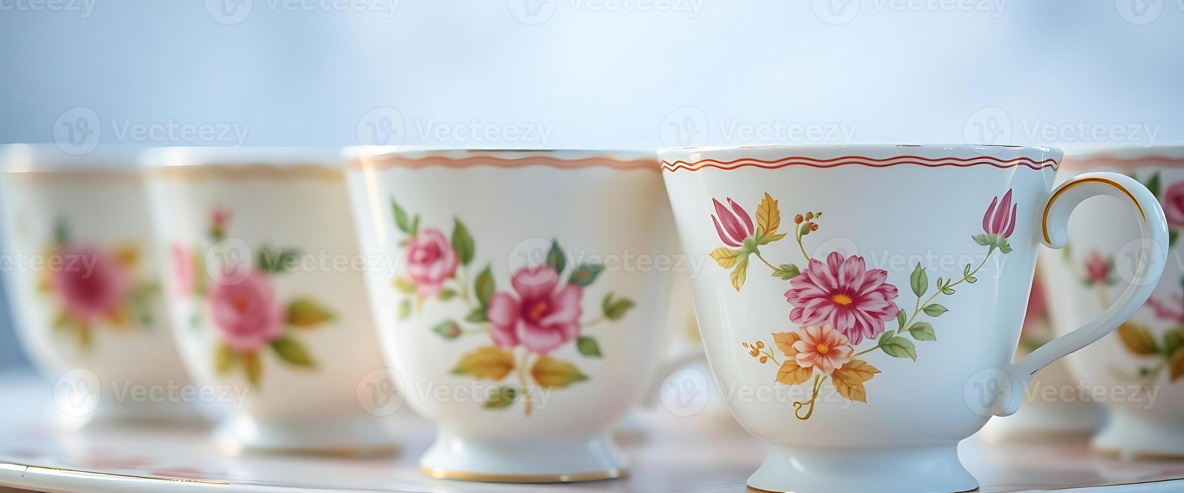 row of coffee cups sitting on top of a table photo