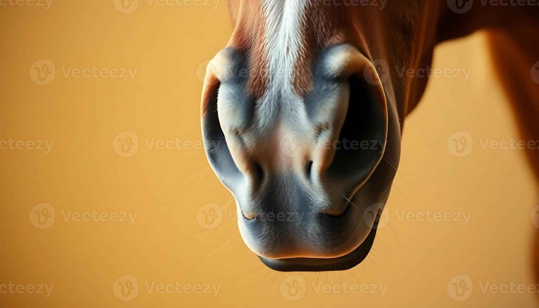 close up of a horse's face with a yellow background photo