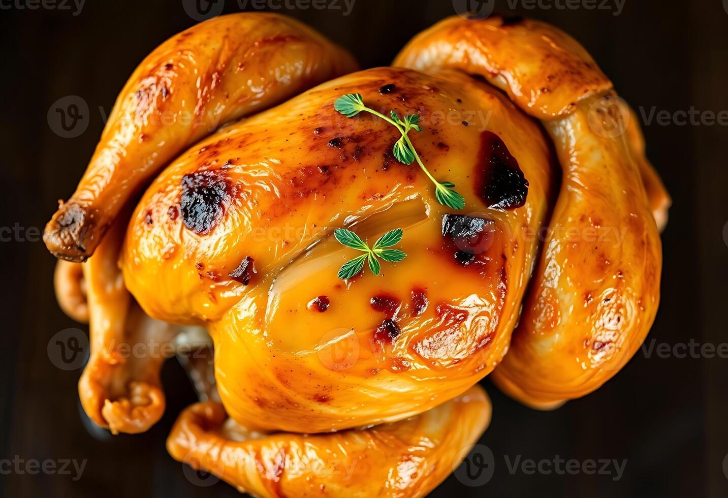 whole chicken with a sprig of parsley on top of it photo