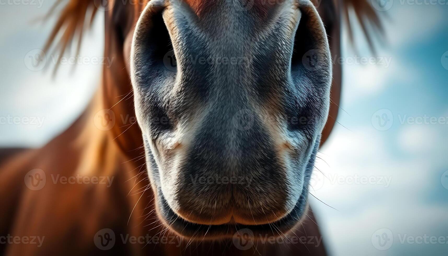 close up of a horse's face with a sky background photo