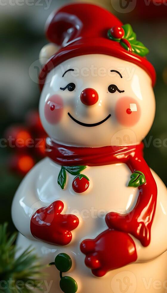 close up of a snowman ornament on a christmas tree photo