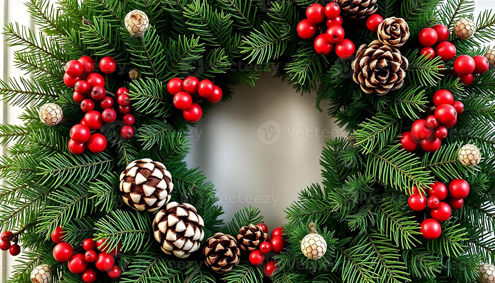 christmas wreath with pine cones and red berries photo