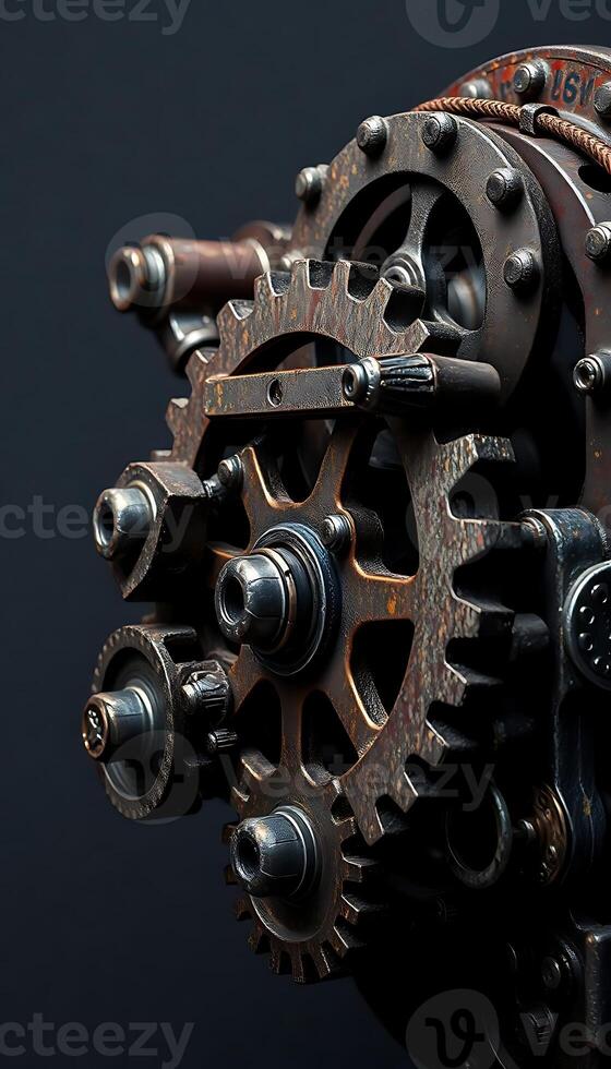 close up of a clock with gears on a black background photo
