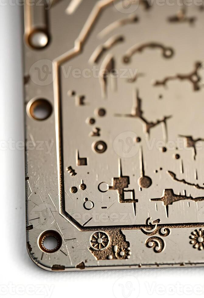 close up of a clock face on a piece of metal photo