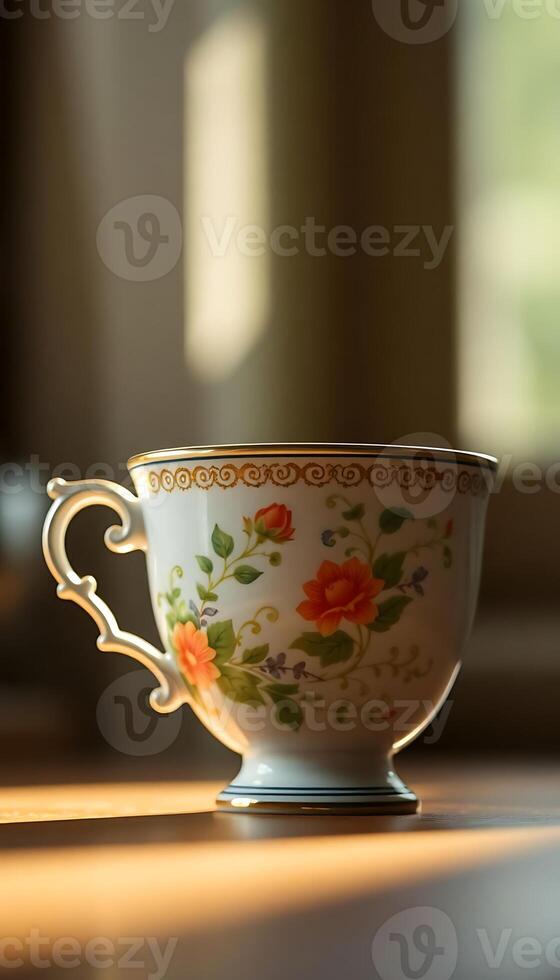 A tea cup with flowers on it sits on a table photo