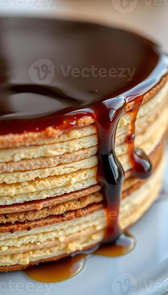 A stack of pancakes with caramel sauce on top photo