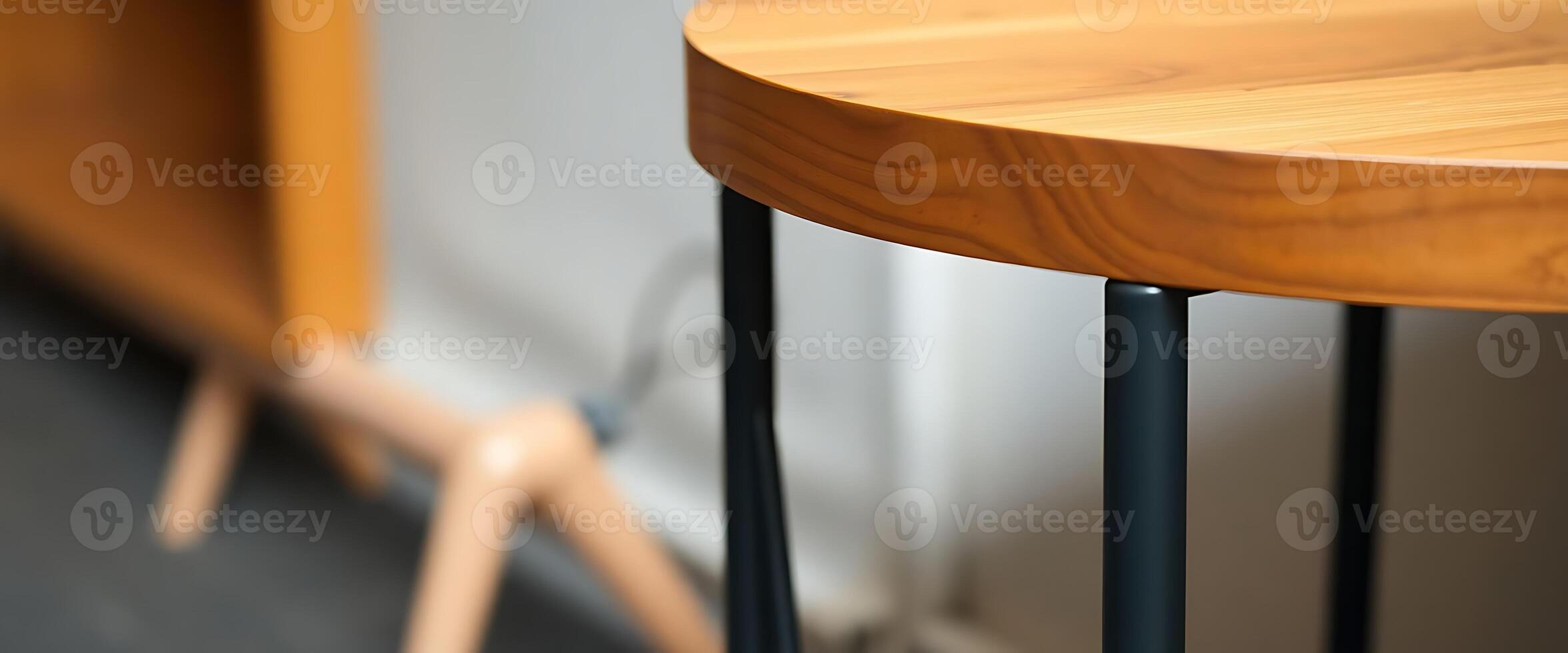 close up of a wooden table with metal legs photo