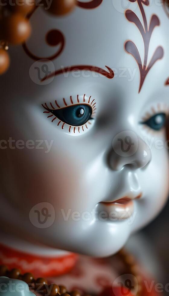 A close up of a doll with blue eyes photo