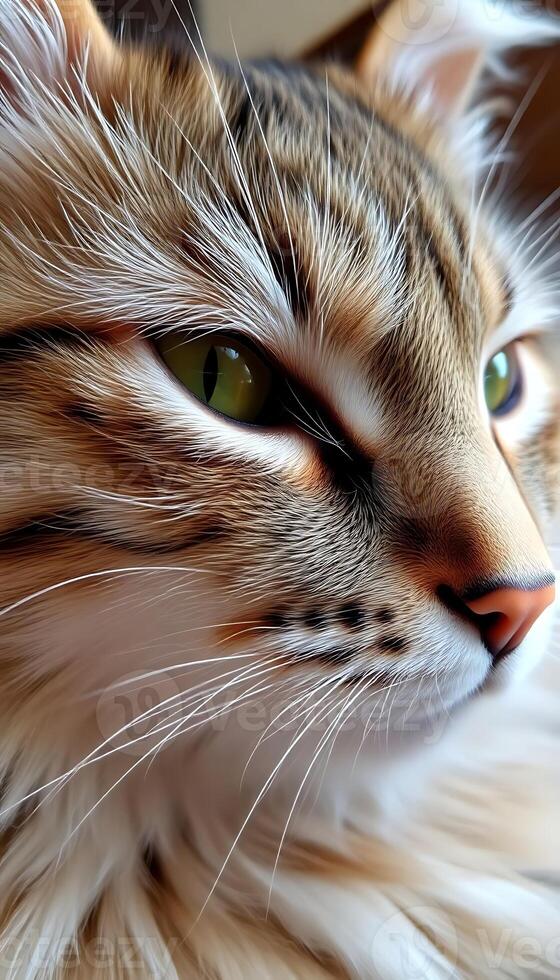 A close up of a cat's face with green eyes photo