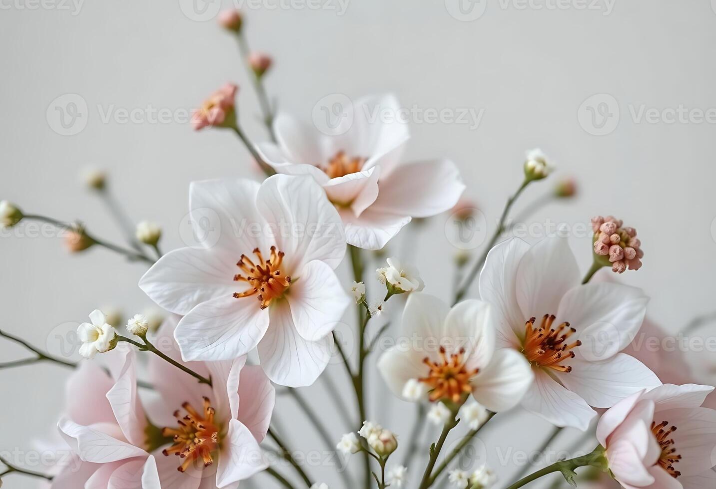 A vase with white and pink flowers on a table photo