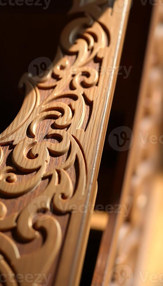 close up of a wooden bench with intricate carvings photo