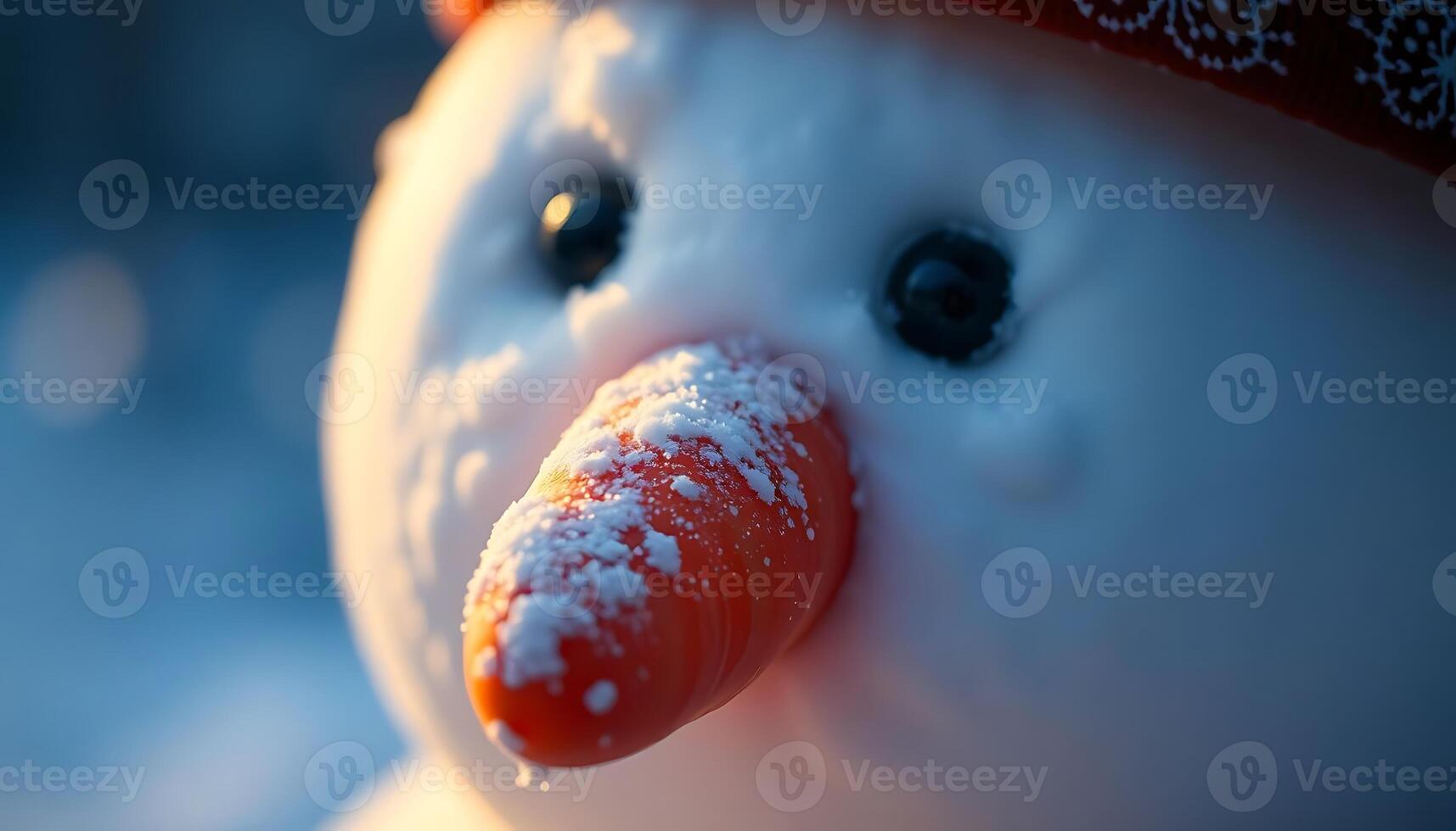 A close up of a snowman with a carrot nose photo
