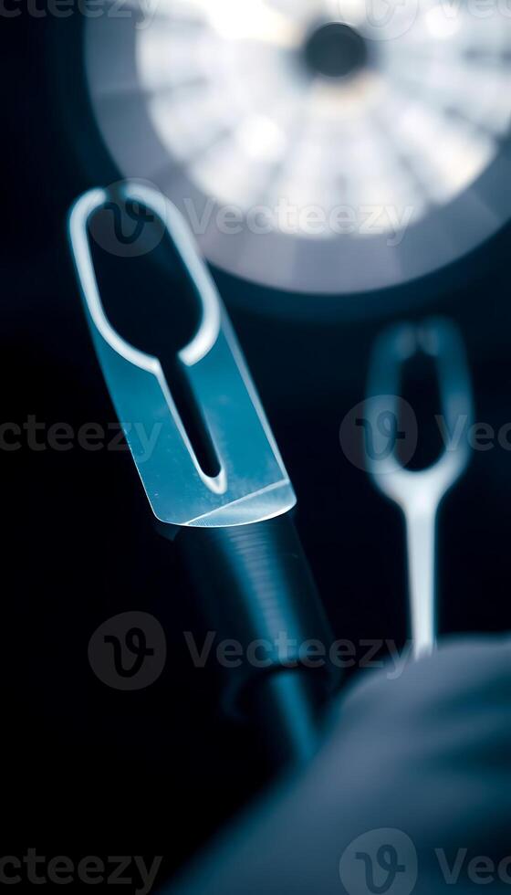 close up of a metal object with a clock in the background photo