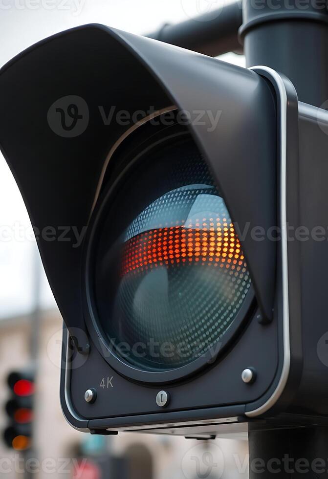 close up of a traffic light with a building in the background photo