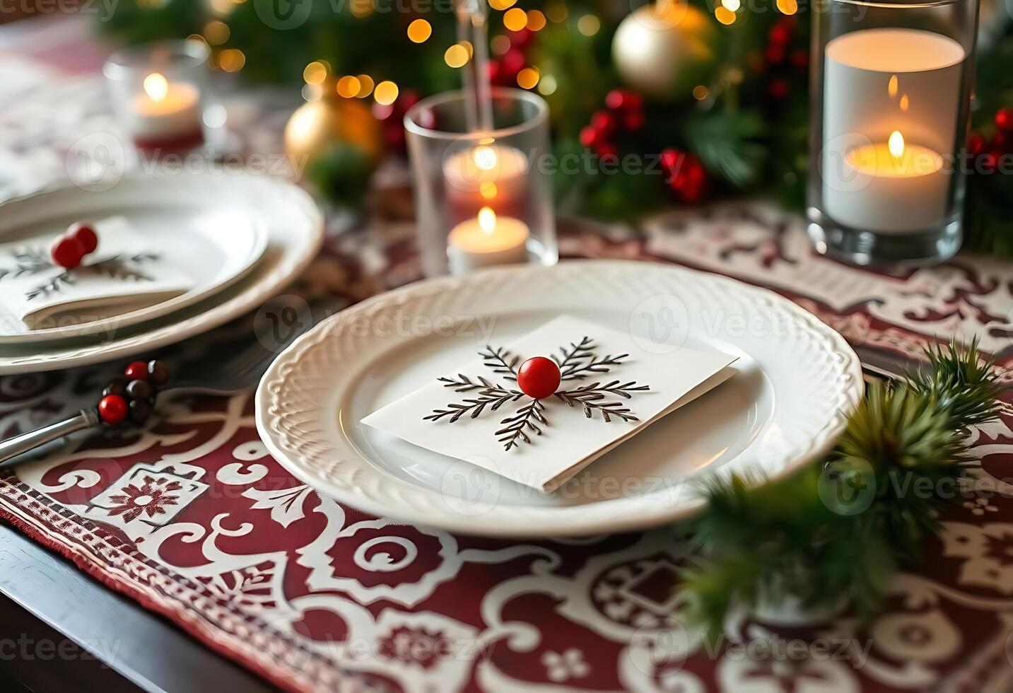 white plate topped with a napkin covered in a snowflake photo