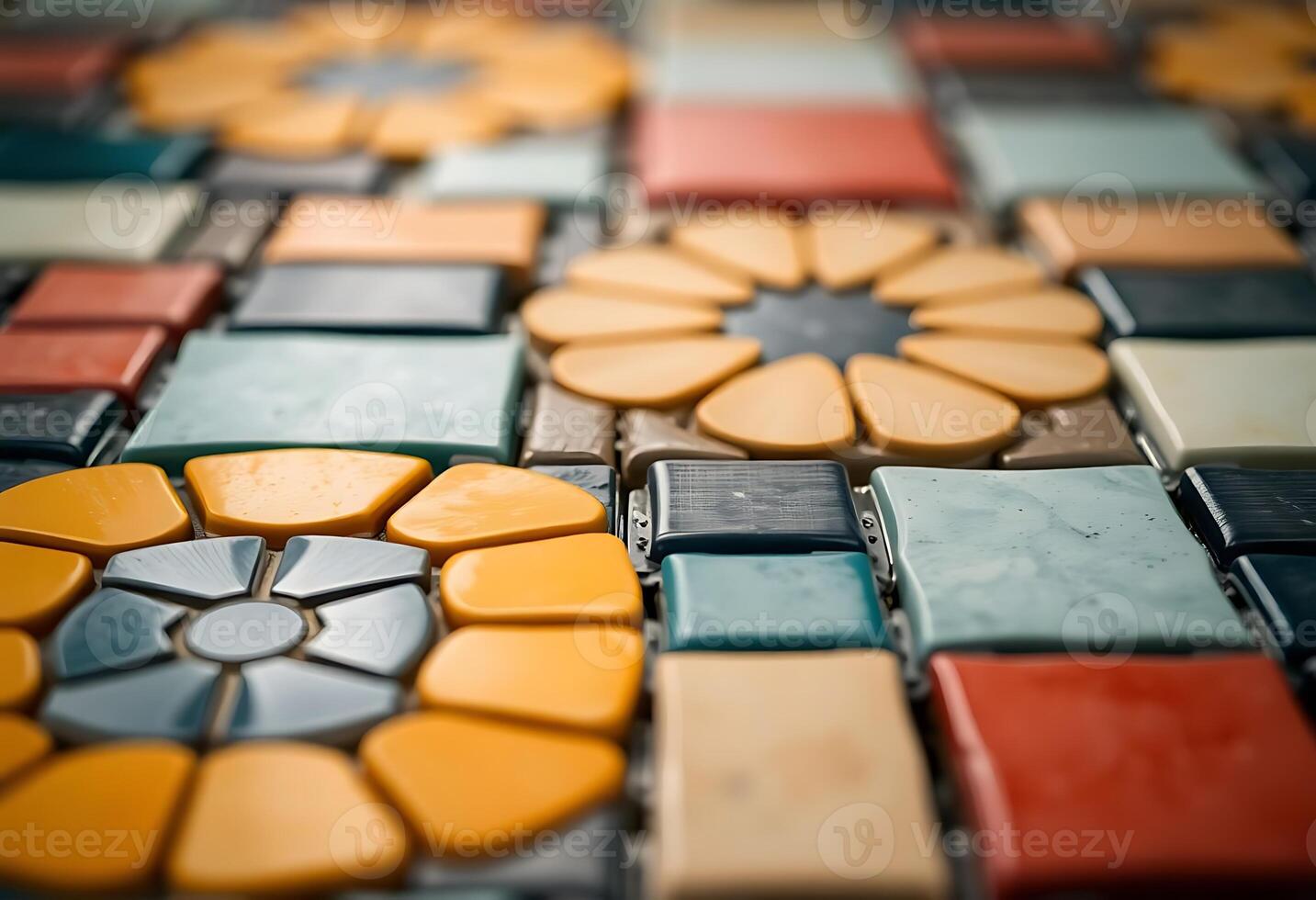A colorful mosaic tile floor with flowers and leaves photo