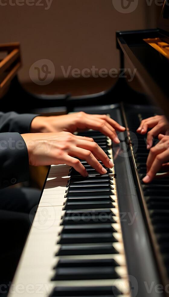 two hands on a piano keyboard with a person's hand resting on the piano photo