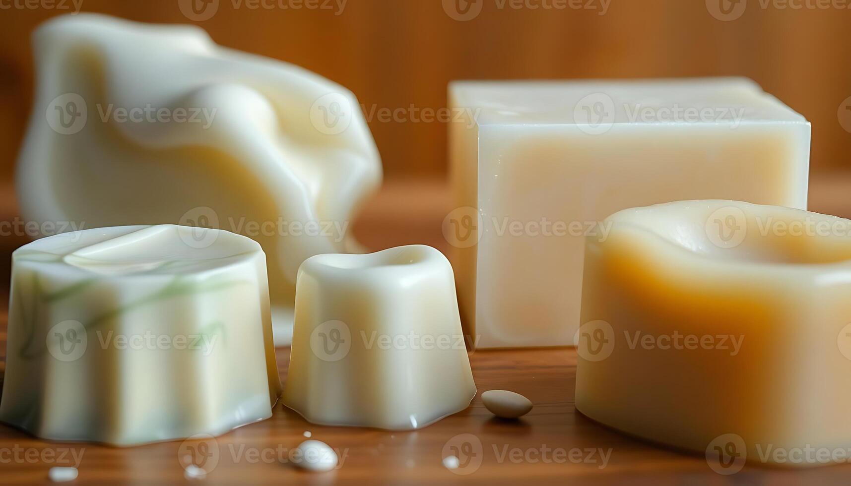 group of soaps sitting on top of a wooden table photo