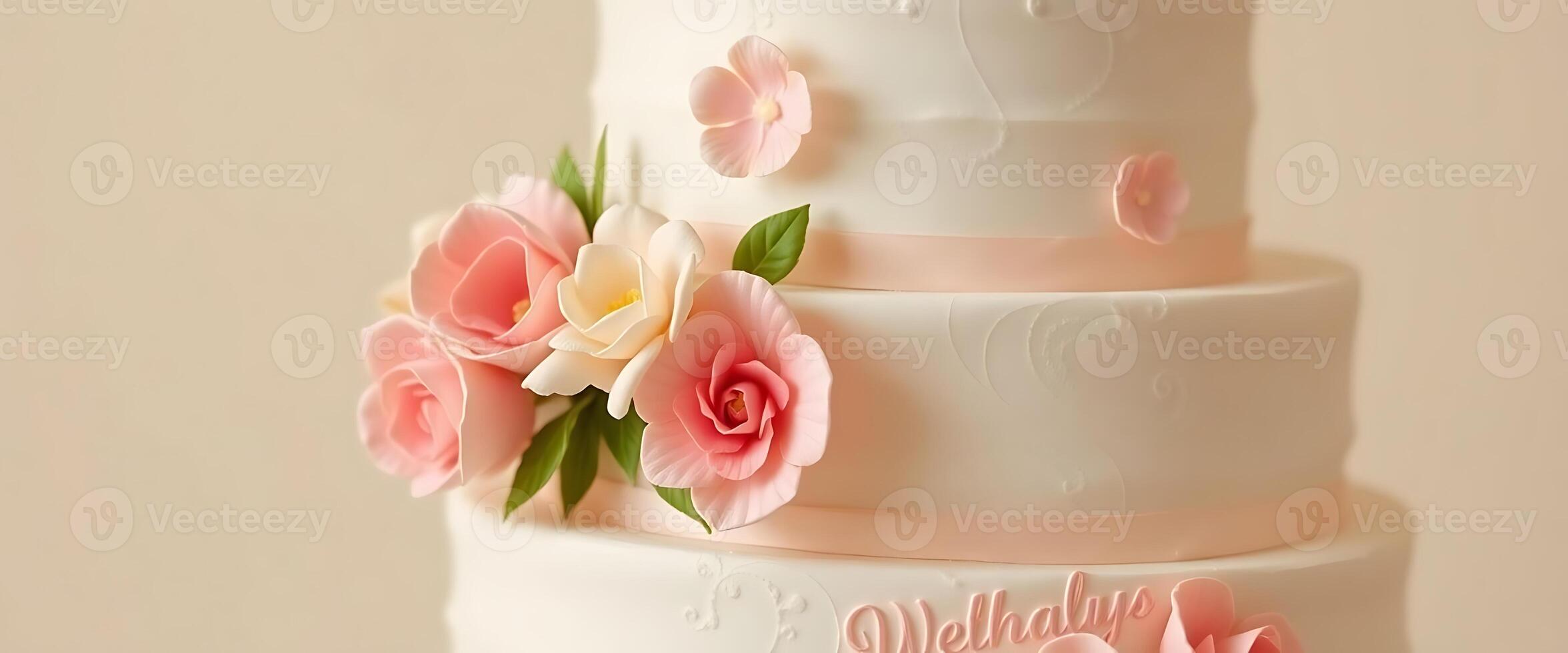 A three tiered cake with pink roses on top photo