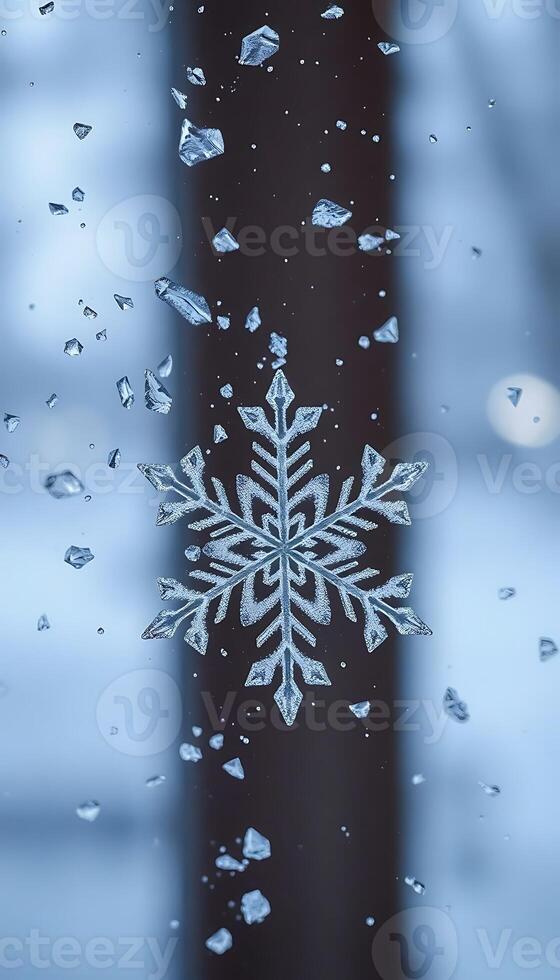 A snowflake is seen through a window with water droplets photo