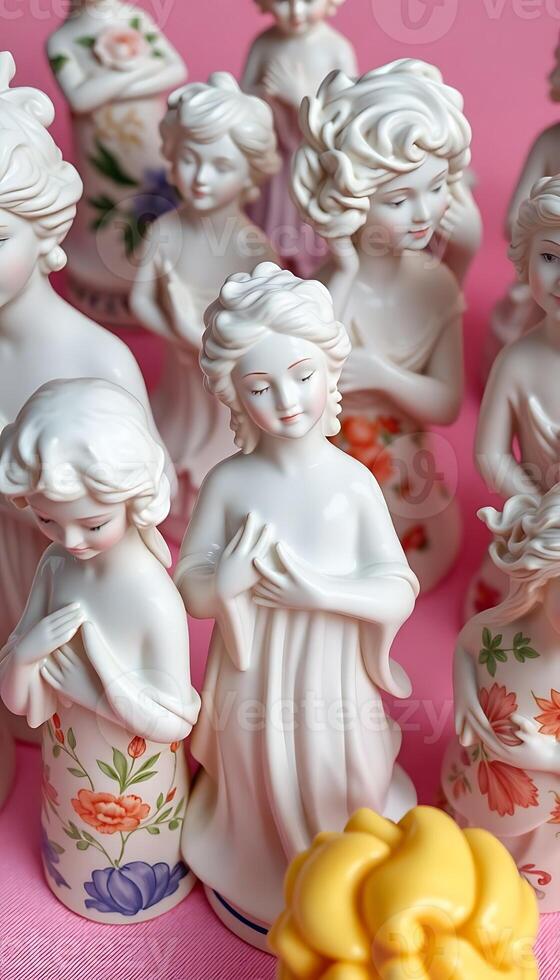 group of white figurines sitting on top of a pink surface photo