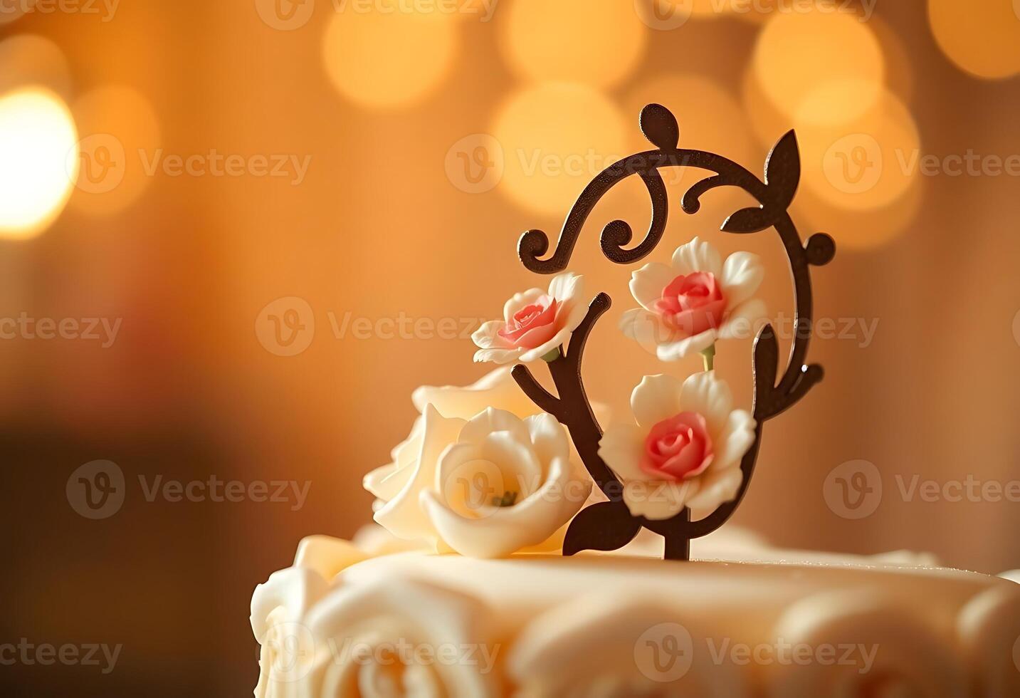 A cake with flowers on top and a monogram photo
