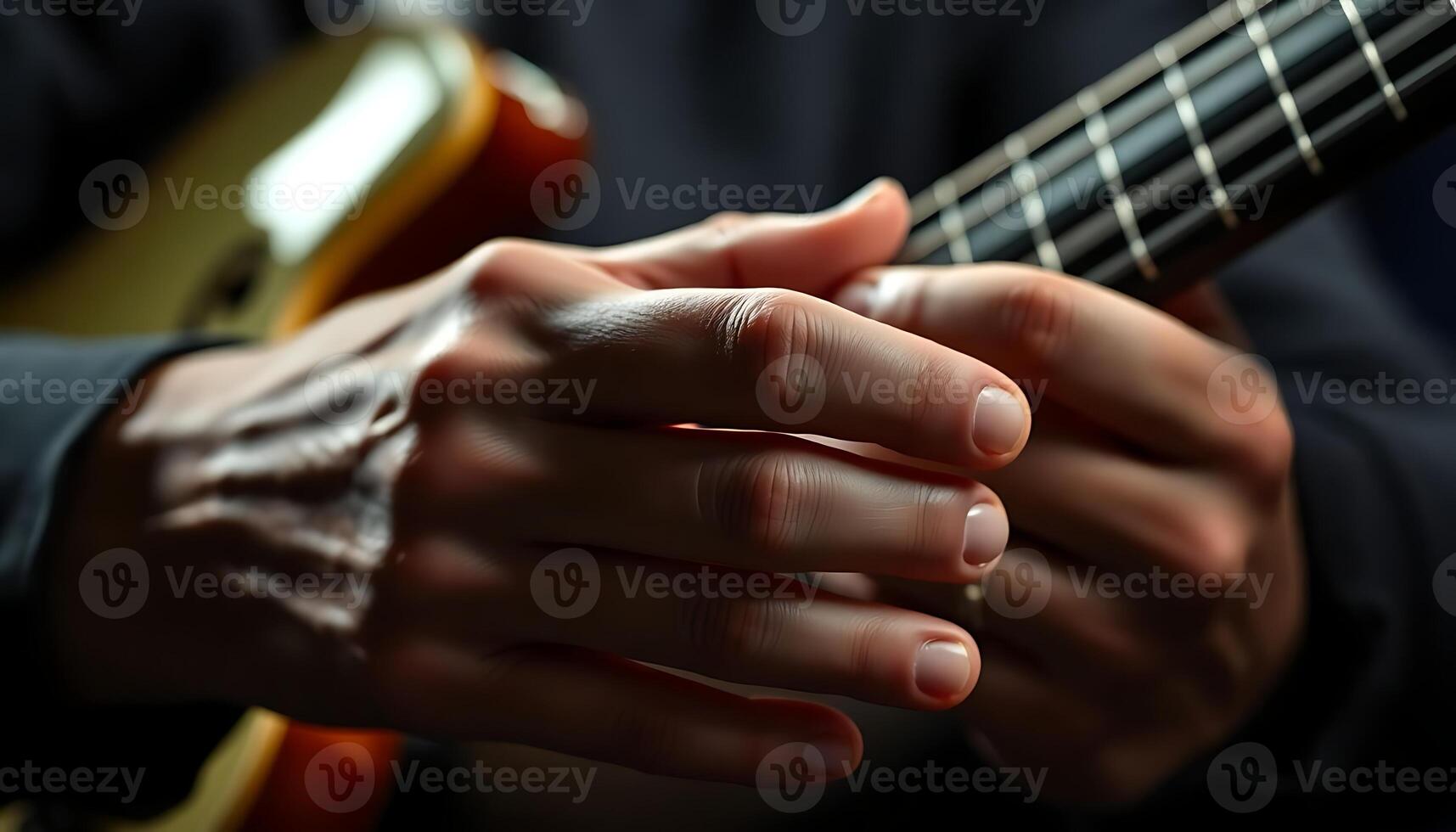 close up of a person holding a guitar photo