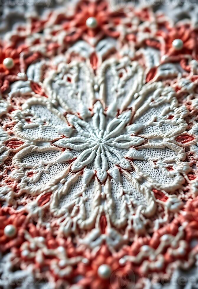 A close up of a lace pattern on a white table photo