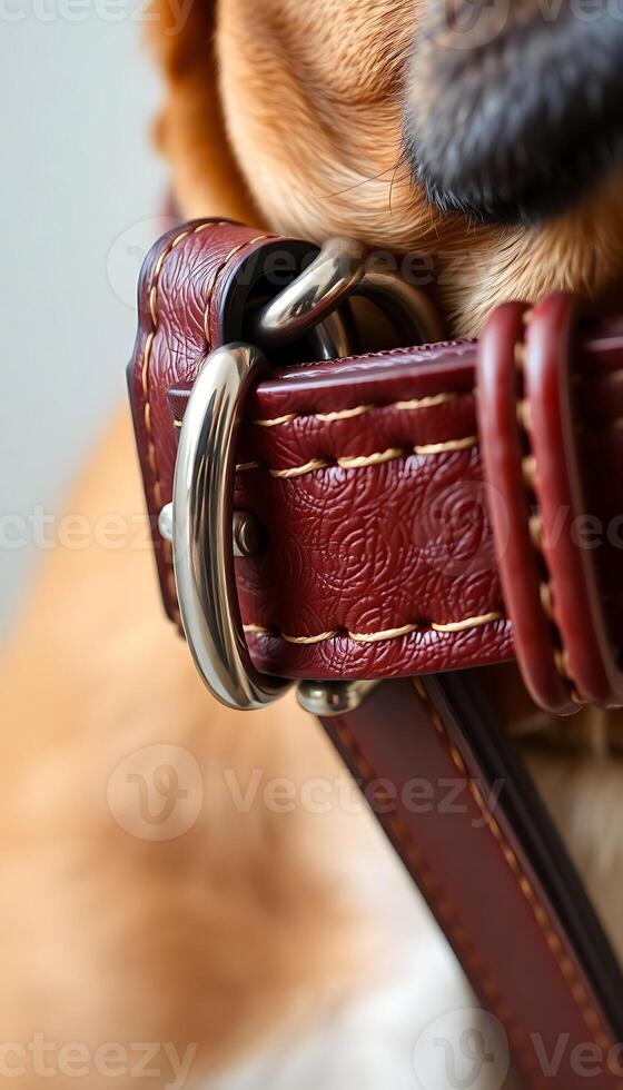 A close up of a dog wearing a leather collar photo