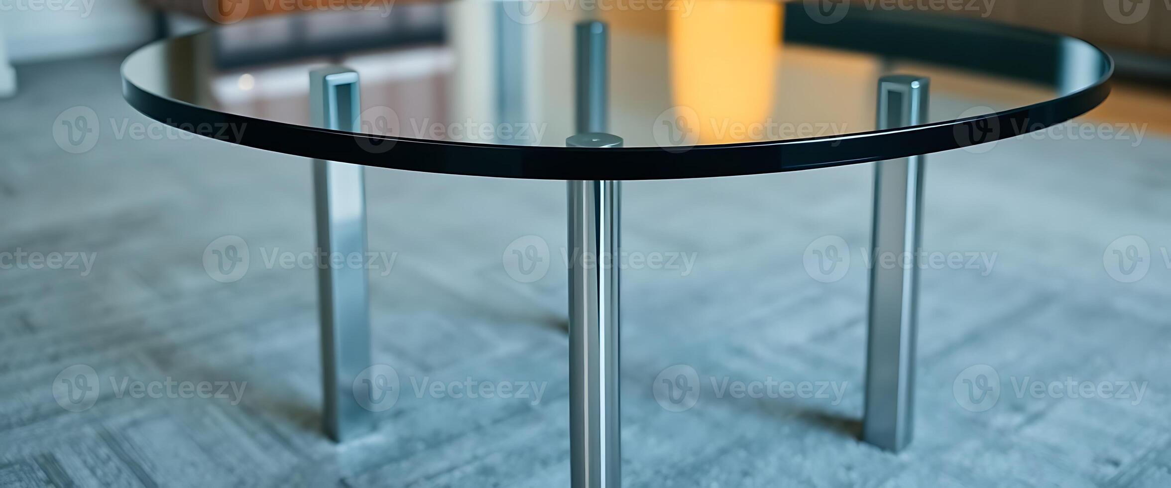 A glass table with four legs and a round top photo