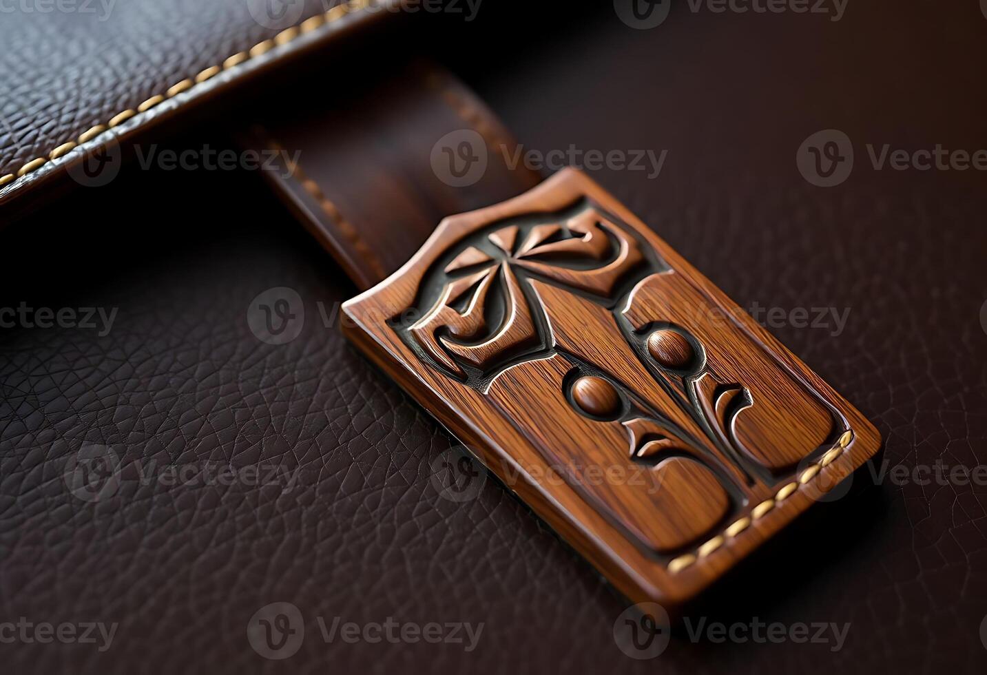 close up of a wooden object on a leather surface photo