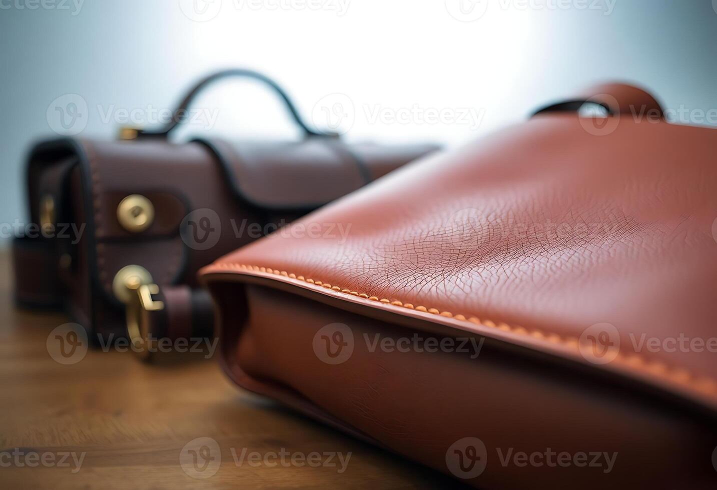 brown leather bag sitting on top of a wooden table photo