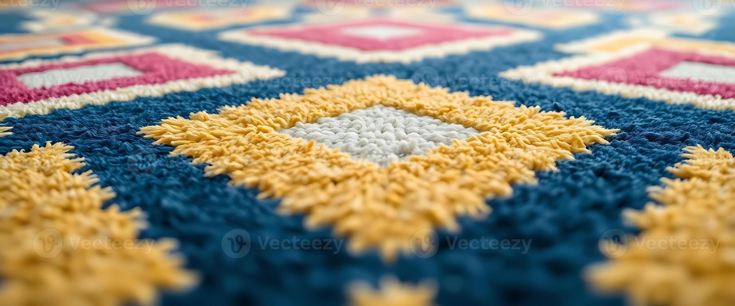 blue, yellow, and red rug with a diamond pattern photo