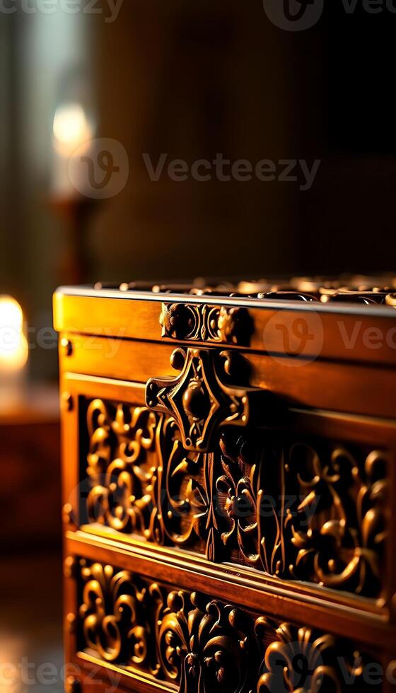 close up of a wooden box with a candle in the background photo